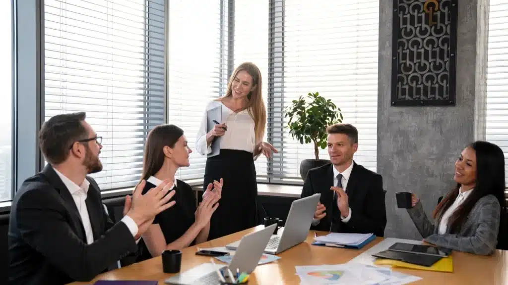 Illustration of business leaders discussing succession planning and leadership retention strategies in a corporate setting